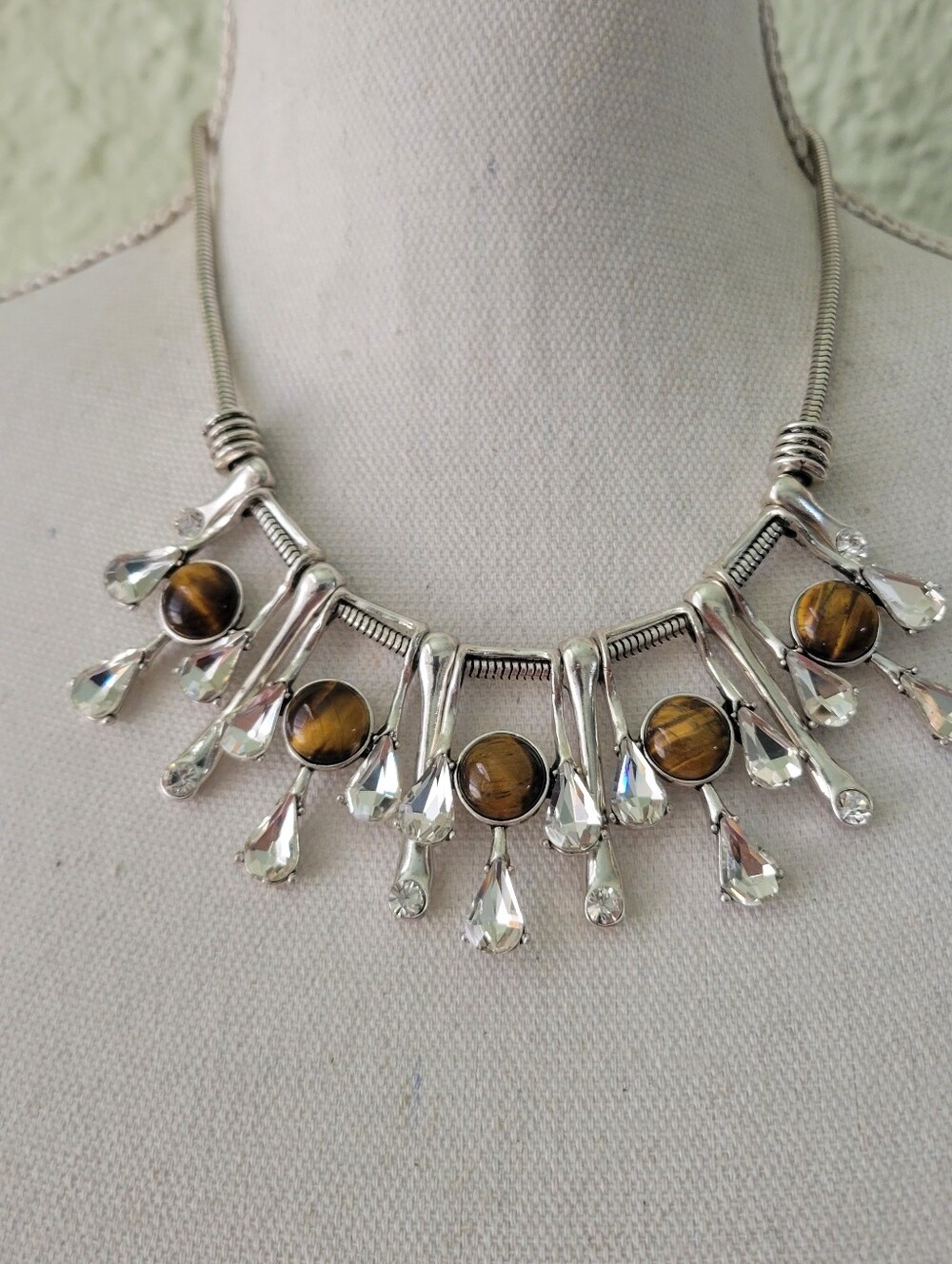 Brown Tiger Eye Drop Dangle Necklace Choker Charm Cabochon Bone Silver Tone 18"
